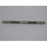 An 18 carat gold, emerald, old brilliant cut diamond and enamel (chipped) bar brooch,