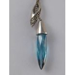 A French hallmarked 18 carat gold blue topaz and diamond pendant necklace, approx 46cm long,