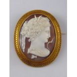 A Victorian shell cameo in 15 carat gold frame, approx 7 x 5.5cm, cameo A/F, in period fitted box.