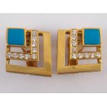 A pair of yellow metal (tests 18 carat gold) turquoise and diamond clip earrings, approx  28mm, 13.