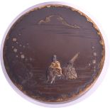 A 19TH CENTURY JAPANESE MEIJI PERIOD BRONZE BOX AND COVER onlaid with two figures roaming on