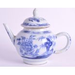 AN 18TH CENTURY CHINESE EXPORT BLUE AND WHITE TEAPOT Qianlong, painted with flowering rock. 5.5ins