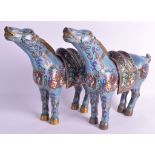 A PAIR OF EARLY 20TH CENTURY CHINESE CLOISONNE ENAMEL HORSES Late Qing, modelled standing with heads