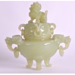 AN EARLY 20TH CENTURY CHINESE CARVED GREEN BOWENITE CENSER AND COVER Late Qing, with buddhistic mask