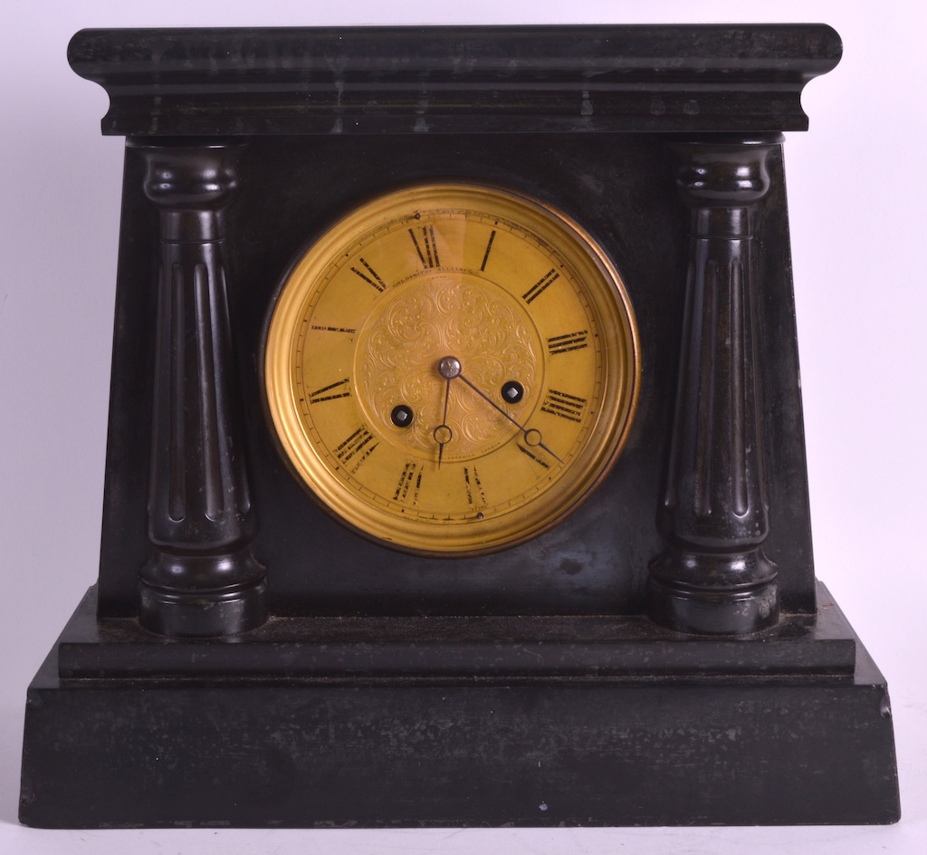 A HEAVY 19TH CENTURY BLACK SLATE CLOCK BY CORNHILL OF LONDON with engine turned circular gilt dial