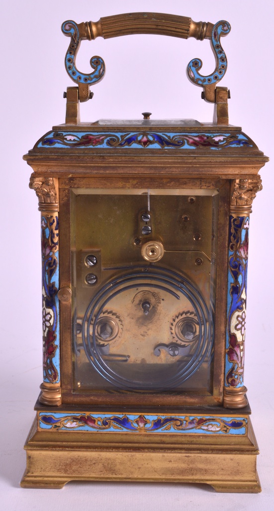 A LATE 19TH CENTURY FRENCH BRASS CHAMPLEVE ENAMEL CARRIAGE CLOCK with elaborate floral mounts and - Image 2 of 3