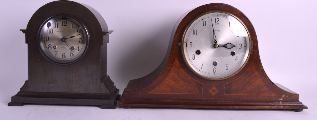 AN EARLY 20TH CENTURY AMERICAN SHREVE CRUMP & LOW BRONZE MANTEL CLOCK together with a 1940s Smiths