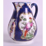 AN 18TH CENTURY WORCESTER SPARROWBEAK JUG painted with exotic birds upon a rich blue ground. 4.75ins