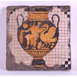 AN EARLY SQUARE FORM EUROPEAN TILE painted with a twin handled amphora painted with classical