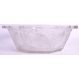 A POST WAR LALIQUE OCTAGONAL FRUIT BOWL clear and frosted, the outside moulded in relief with panels