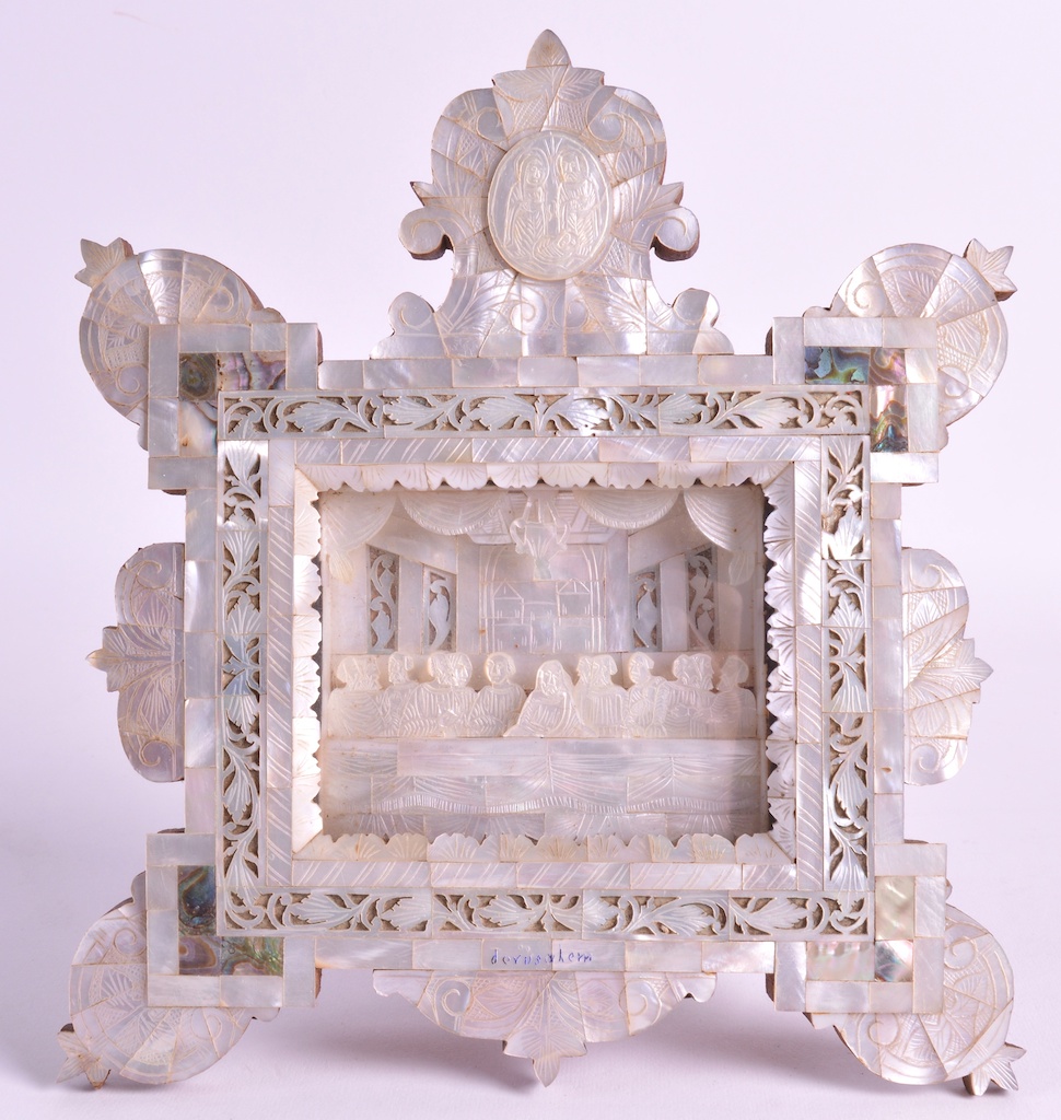 A LATE 19TH CENTURY 'LAST SUPPER' MOTHER OF PEARL CASED ICON contained within an elaborate frame