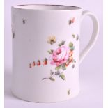 AN 18TH CENTURY DERBY MUG of slightly waisted form, painted with floral spray and a large rose. 4ins