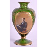 A 19TH CENTURY BOHEMIAN GREEN GLASS GLOBULAR VASE in the manner of Moser, inset with a plaque a