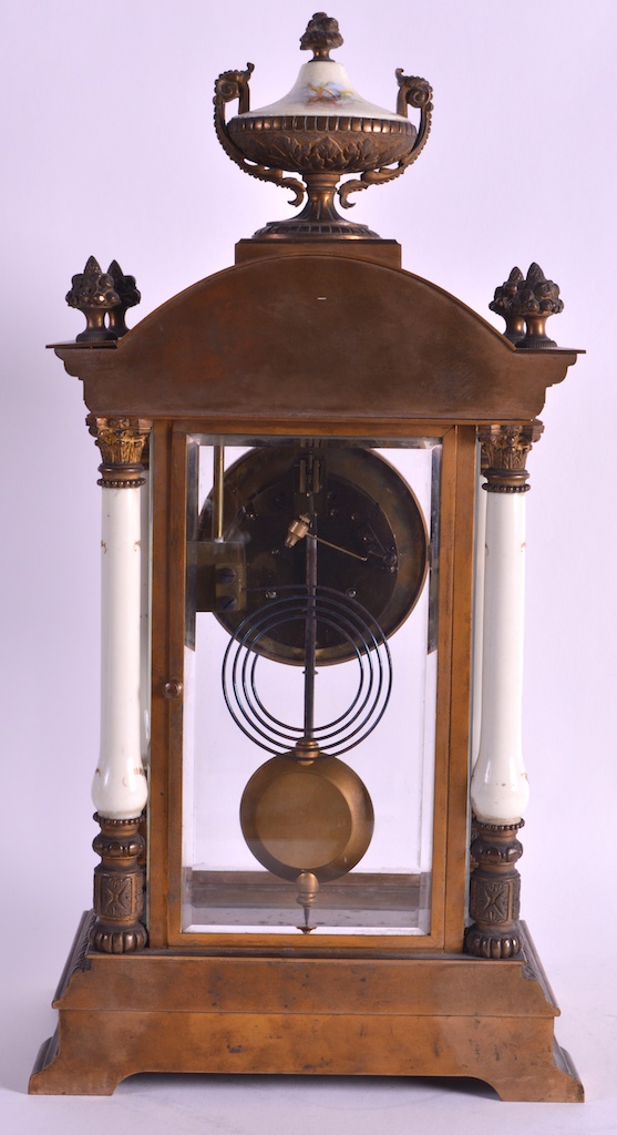 A GOOD 19TH CENTURY FRENCH PORCELAIN AND BRONZE MANTEL CLOCK with painted cherub dial and floral - Image 3 of 4