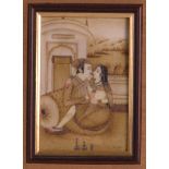 A 19TH CENTURY PERSIAN FRAMED PAINTED IVORY MINIATURE of square form, painted with a couple courting