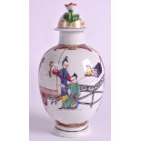 A FINE 18TH CENTURY WORCESTER TEA CANISTER AND COVER painted with Oriental figures beside a low