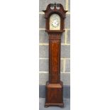 A 19TH CENTURY MAHOGANY CASED GRAND DAUGHTER CLOCK with silvered dial, scrolling top with fruiting