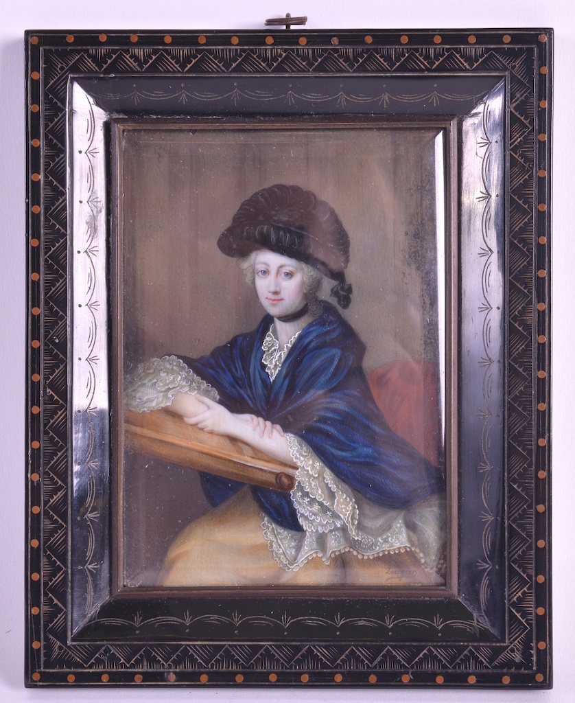 AN EARLY 20TH CENTURY FRAMED IVORY PAINTED MINIATURE signed Zaugier, depicting Princess Amalie Von