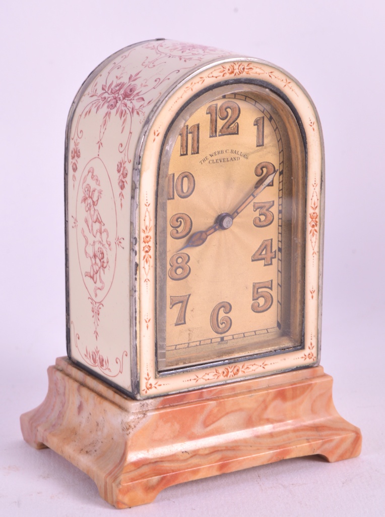 A LOVELY EARLY 20TH CENTURY SILVER AND ENAMEL MINIATURE MANTEL CLOCK by Webb & Ball of Cleveland,