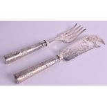 A LOVELY 19TH CENTURY EUROPEAN SILVER FISH SLICE AND FORK Austrian or German, finely engraved with