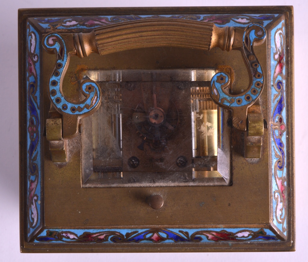 A LATE 19TH CENTURY FRENCH BRASS CHAMPLEVE ENAMEL CARRIAGE CLOCK with elaborate floral mounts and - Image 3 of 3