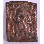 AN 18TH/19TH CENTURY INDIAN COPPER TEMPLE PANEL decorated in relief with a buddhistic type figure