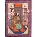 A 19TH CENTURY PAINTED PERSIAN IVORY MINIATURE depicting figures seated within an interior,