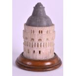 A 19TH CENTURY ITALIAN GRAND TOUR CARVED ALABASTER BUILDING modelled upon a mahogany base.