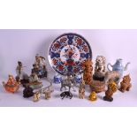 A GROUP OF CHINESE CERAMICS, FIGURES, CARVED WOOD ARTICLES ETC in various forms. (qty)