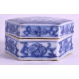 AN EARLY 19TH CENTURY TEK SING TREASURES BLUE AND WHITE BOX AND COVER of hexagonal form. 2.25ins