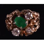 A LADIES 14K EMERALD AND DIAMOND FANCY RING.