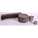 A SILVER WIRE INLAID CARVED CHINESE BOX together with a clay pot & cover, archers ring & snuff