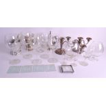 A QUANTITY OF GLASSWARE together with a pestle & mortar, a pair of plate candelabra etc. (qty)