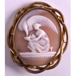 A 19TH CENTURY YELLOW METAL MOUNTED CAMEO carved as a classical female and bird in flight. Cameo 1.