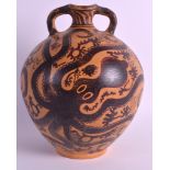 A 19TH CENTURY GRAND TOUR TWIN HANDLED POTTERY VASE painted with octopus and seaweed. 9.5ins high.