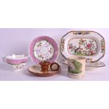 A TORQUAYWARE CHAMBERSTICK together with a small pair of pottery dishes, lustre cup & saucer etc. (