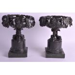 A GOOD PAIR OF 19TH CENTURY CARVED ITALIAN SERPENTINE TAZZAS overlaid with grapes and vines,