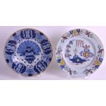 AN EARLY 18TH CENTURY DUTCH DELFT CIRCULAR PLATE together with a blue and white delft plate. 9ins