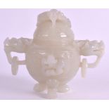 A CHINESE CARVED WHITE JADE TWIN HANDLED CENSER AND COVER with Buddhistic handles, overlaid with