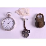 AN EDWARDIAN SILVER GENTLEMANS POCKET WATCH with subsidiary dial, together with padlock &