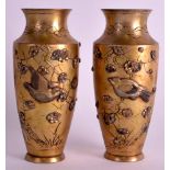 A PAIR OF LATE 19TH CENTURY JAPANESE MEIJI PERIOD BRONZED VASES decorated with birds in flight. 4.