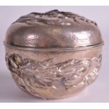 A LATE 19TH CENTURY JAPANESE MEIJI PERIOD SILVER BOX AND COVER decorated in relief with a three claw