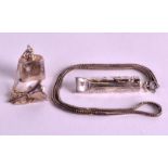 A VICTORIAN STYLE SILVER WHISTLE together with a silver miniature scent bottle. 28 grams. (2)