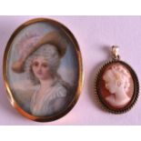 AN EDWARDIAN YELLOW METAL CASED PAINTED MINIATURE together with a small cameo pendant. (2)