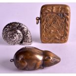 A MASONIC BRASS VESTA CASE together with a brass rat vesta & white metal shell vesta. (3)