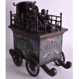 A RARE 19TH CENTURY JAPANESE MEIJI PERIOD BRONZE AND CHAMPLEVE ENAMEL WAGON modelled with four