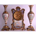 A FINE 19TH CENTURY FRENCH CHAMPLEVE ENAMEL AND PORCELAIN CLOCK GARNITURE the mantel delicately