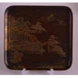 A 19TH CENTURY JAPANESE MEIJI PERIOD SQUARE LACQUER TRAY decorated with landscapes. 7ins square.