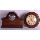 AN EDWARDIAN MAHOGANY MANTEL CLOCK together with a small station style wall clock. 12.5ins & 9ins