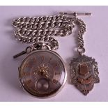 AN UNUSUAL 19TH CENTURY SILVER POCKET WATCH AND CHAIN with rose gold numerals and floral decorated